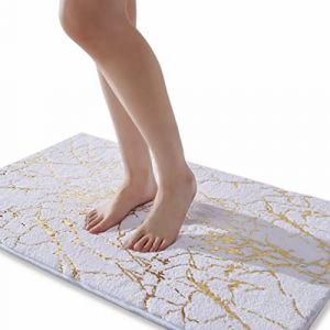 QJHOMO Tapis de bain antidérapant lavable - Blanc - Tapis décoratif doré - Accessoire de salle de bain de luxe - En microfibre douce et absorbante - Pour salle de bain - 60 x 120 cm (QJHOMO, neuf)