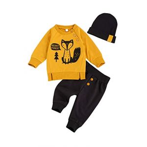 Loalirando Ensemble Infantile de 3 Pcs Vêtement Enfant Bébé Garçon Imprimé Animaux T-Shirt à Manches Longues + Pantalon +Bonnet, 70(0-6 Mois) (Biu-clothing, neuf)