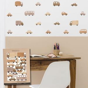TRESXICS Stickers Muraux Enfants Voitures et Camions, 32 pi&egrave;ces, D&eacute;coration Chambre B&eacute;b&eacute; Original et R&eacute;sistant, Effet Papier Peint Adhesif Mural, Application Facile et Amovible (Marron) (TRESXICS, neuf)