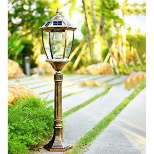 QJUZO Lampadaire Ext&eacute;rieur Rustique,Lampe Pilier Solaire Lampe sur Pied en Aluminium Abat-Jour en Verre Lanterne Solaire LED &Eacute;tanche avec T&eacute;l&eacute;commande pour Jardin Chemins All&eacute;es H80 Cm,Bronze (Dejuan trade, neuf)