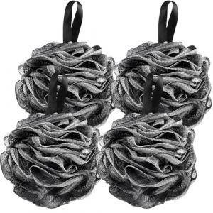 Lot de 4 Fleur de Douche Lavable Noir, 13 cm Eponge Douche, 60 g Fleur de Bain Douche avec Boucle de Suspension, Fleurs de Douche Exfoliantes, Bath Loofah pour La Maison, Les Voyages et Les H&ocirc;tels (mangteng, neuf)