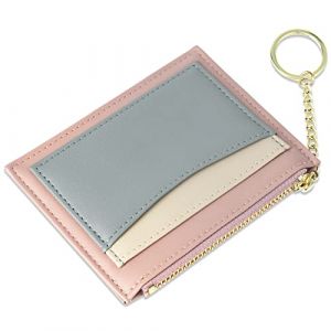URAQT Portefeuille pour cartes de cr&eacute;dit, portefeuille minimaliste en cuir fin avec fermeture &eacute;clair, mini protecteur de carte de cr&eacute;dit, porte-cl&eacute;s poche avant pour homme et femme, Couleur rose (Cinye, neuf)