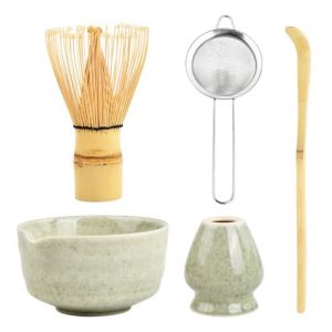 5 in 1 Ensemble de Th&eacute; Matcha Japonais avec Fouet &agrave; Matcha en Bambou Porte-fouet Bol &agrave; Matcha Cuill&egrave;re &agrave; Matcha (chashaku) Service &agrave; Th&eacute; Matcha C&eacute;ramique Matcha Kit pour C&eacute;r&eacute;monie Matcha (Verte) (Laukra special SIA, neuf)