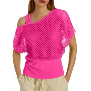 T-shirt pour femme des ann&eacute;es 80, haut en r&eacute;sille, haut &agrave; &eacute;paules d&eacute;nud&eacute;es pour femmes, d&eacute;bardeurs en r&eacute;sille, ensemble deux pi&egrave;ces de couleur unie, haut court surdimensionn&eacute;, gilet fluo, v&ecirc;tements de (Miuiakoal, neuf)