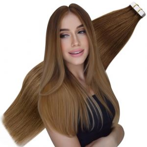 Hetto Extension Cheveux Adhesive Naturel Ombre Marron Extension Adhesive Cheveux 35cm Bande Adhesive Extension Cheveux Naturel Balayage Brun Moyen a Brun Clair et Blond Doré Foncé 20 pcs 50g #6/8/14 (Hetto FR, neuf)