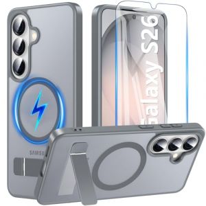 RC1WD Coque Samsung Galaxy S26 Magn&eacute;tique avec Support Int&eacute;gr&eacute;, Coque Samsung S26 Verre Tremp&eacute; Inclus, Coque S26 Compatible avec MagSafe, Certification Militaire Anti-Choc pour S26 6.3", Gris Mat (HSHSAMZ, neuf)