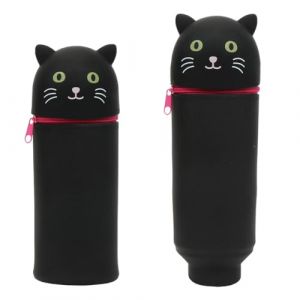 2 en 1 Trousse Scolaire en Silicone,Chat Noir Trousse à Crayons Kawaii,Trousse Crayons Télescopique Silicone, Adaptée à L'étude et au Travail Ensemble Cartable (YIYUAN-MENG, neuf)