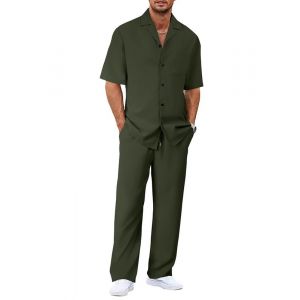 Oanviso Ensemble Homme Ete Chic Chemise et Pantalon D'&eacute;t&eacute; Costume 2 Pieces D&eacute;contract&eacute; Tenue Elegant Surv&ecirc;tement Jogging Sportswear Respirant Plage Outfit Vert Militaire XXL (Shopping tide, neuf)
