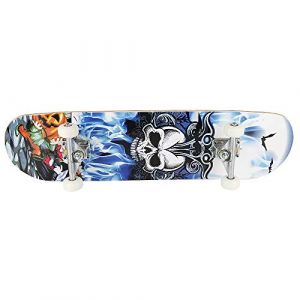 Skateboard Complet pour Enfants, Adolescents et Adultes, débutants, Double Kick Maple Deck Concave Cruiser Skateboard avec Outil en T,79 * 19.5 * 9.5cm (Motif tête de Mort) (Hechheu, neuf)