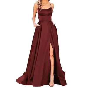 Robe De Soiree Femme Robe Ete Chic et Elegant Maxi Longue en Satin élégante Sexy Dos Nu Fendue Spaghetti Sangle Couleur Unie Swing pour Bal Mariage Cocktail Robe de Soirée Longue Mariage Party Dress (GUnakd, neuf)