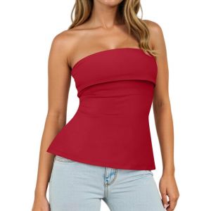 Sukiglam Haut Femme Dos Nu Tube Top &Eacute;t&eacute; Sexy Bretelles Debardeur sans Manches Tunique Bustier Slim Fit Y2K Crop Tops &Eacute;lastique Double Layer Bust T Shirt Going Out Chemise avec Fente Lat&eacute;rale (Sukiglam Store, neuf)