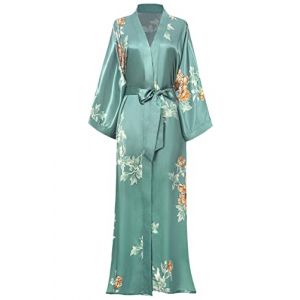 Coucoland Robe de chambre pour femme Kimono classique Imprim&eacute; Peignoir Femme Long &agrave; Motif floral Robe de chambre Fille Pajama Party - Taille Unique (Vert argent&eacute;) (Lixuanshengang, neuf)