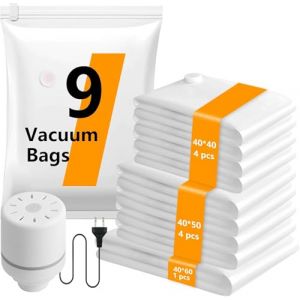 Sac Sous Vide Vetement Aspirateur avec Pompe Electrique, 9 Pi&egrave;ces Sacs de Rangement Sous Vide (4*40*40cm, 4*40*50cm, 1*40*60cm), Housse V&ecirc;tement Aspirateur pour Literie,V&ecirc;tements,Matelas,Couettes (SIMENGDA06-US, neuf)