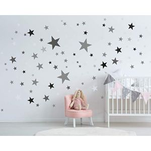 50 stickers muraux étoiles pour la chambre des enfants - ensemble d'autocollants muraux - bébé ciel étoilé à coller sur la décoration murale autocollant - Gris noir (snowcommerce GmbH, neuf)