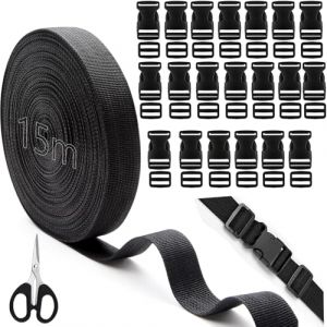 Ksnowqi 15m x 25mm Sangle Nylon, Sangles de Serrage en Nylon, Attache Sangle avec 20 Paires Boucle Plastique Clip et 20 Tri-Glide Curseur Plastique pour Sac à Dos, Bagage (Jiyang20, neuf)