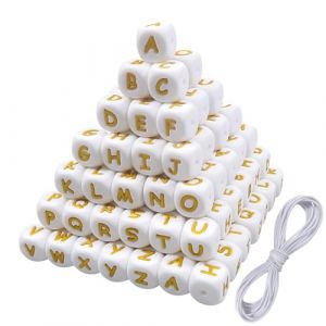 TOAOB 52pcs Perles Lettres Alphabet Silicone pour Bracelets Cube 12 mm Alphabet Perles Carrées Grand Trou Blanc avec Or Lettres A à Z pour DIY Fabrication de Bijoux Colliers Fantaisie Porte-Clés (uktoaob, neuf)