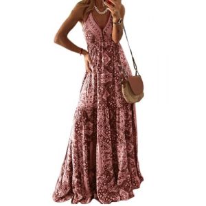 seiveini Robe D'été Femme Longue Maxi Robe de Plage sans Manches Chic Elegant Robe à Fines Bretelles Imprimé Fleurs Col en V Robe Fluide Décontractée Vintage A Rose L (BgandDesign, neuf)