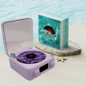Haut-parleur vinyle Waves, Haut-parleur vinyle Bluetooth vintage Waves avec lumi&egrave;res ambiantes r&eacute;glables, Lecteur vinyle sans fil avec horloge pour la chambre, le bureau, la f&ecirc;te (Violet) (YueRun, neuf)