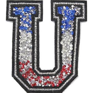 Écusson Patch Badge strass Brodé ecusson lettre alphabet thermocollant lettres en strass 8-10 cm U FRANCE couleurs Tricolore (B2SEE LTD avec TVA francaise et livraison LaPoste, neuf)