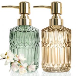JINYOMFLY Distributeur pour Savon en Verre, 390ml Distributeur Savon Liquide, Flacon Pompe Verre, Doré et Vert Distributeur Savon Salle de Bain, Lot de 2 (Jingyang-EU, neuf)