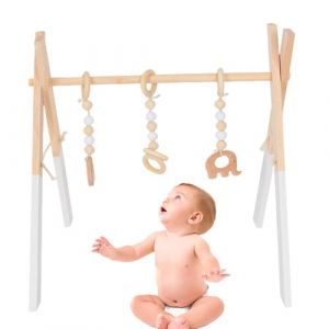 Portique Deveil Bebe Bois, Arche De Jeux Bébé En Bois, Gym Jouets Avec Pendentif Gymnastique Jouet Actif Chambre De Bébé Décoratio,Portique D’Éveil En Bois Bébé Jouet montessoris Gym D’activite Centre (zuyuedong, neuf)