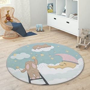 Paco Home Tapis Enfant Rond Chambre d'enfant Filles Garçons Étoile Éléphant Arc-en-Ciel, Dimension:120 cm Rond, Couleur:Turquoise (Tapis24, neuf)