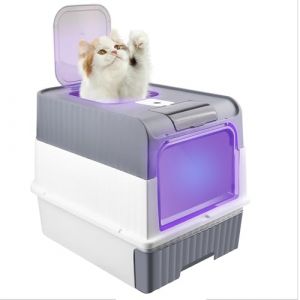 Bac à Litière pour Chat, Désinfection UV Bac à Litière Pliable pour Chaton avec Couvercle, Structure en dôme bac à Litière Fermé pour Chat, WC pour Chats avec Pelle (rectangulaire-Gris) (qhtxzyh, neuf)