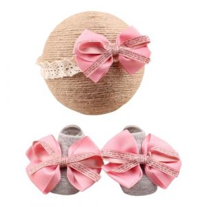 Bandeau en dentelle douce et respirante pour b&eacute;b&eacute; et chaussettes antid&eacute;rapantes avec n&oelig;ud papillon (jihehome, neuf)