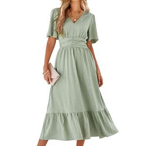 BebreezChic Robe d'été longue bohémienne élégante à manches courtes et col en V Taille haute Motif à pois suisses froncées Robe de plage, vert clair, S (BebreezChic, neuf)
