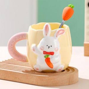 Tasse de Pâques, tasse de lapin avec cuillère à carotte, cadeau de Pâques, tasse mignonne en céramique, motif de lapin, café, thé, lait, pour Pâques et cadeaux d'anniversaire (jaune) (BOJIEDIANZI, neuf)