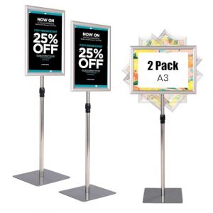 COSTWAY Porte Affiche sur Pied A3 Lot de 2, Pr&eacute;sentoir sur Pied Rotation 360 Degr&eacute;s, Hauteur R&eacute;glable 78,5-123 cm, Cadre en Alliage d'Alu, Tube en Acier INOX, Support Affichage A3 (Argent x 2, A3) (FDS GmbH, neuf)