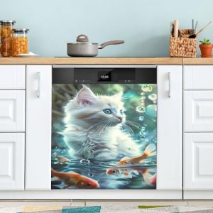 Autocollant magn&eacute;tique pour lave-vaisselle Motif chat blanc avec poissons 58,4 x 66 cm (EUKITTY, neuf)