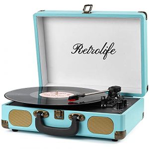 Tourne-Disque en Vinyle à 3 Vitesses 33/45/78 TR/Min - Mallette Bluetooth - Tourne-Disque Portable avec entraînement par Courroie et Haut-parleurs intégrés - RCA Line Out AUX dans Prise Casque (Huanluo EU, neuf)