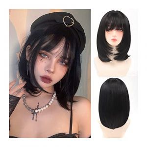 Perruque Femme Perruque Bob courte droite noire avec frange, cheveux synthétiques naturels résistants à la chaleur for femme, perruque courte avec frange for une utilisation quotidienne de cosplay Per (yinjinggongsi, neuf)