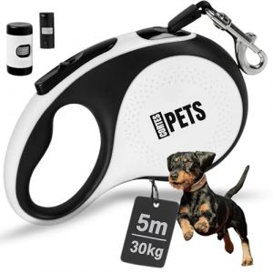 CORTESPETS® Laisse Chien, Enrouleur 5m pour Chiens jusqu'à 50 kg avec Support pour Sacs à excréments, Extensible, Rétractable. Laisse rétractable Gros Chien (Blanc, M - 5M - 30KG) (Cortes Global  FR, neuf)