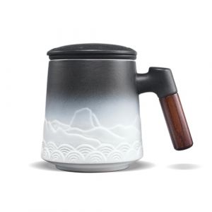 ZENS Tasse à Thé avec Infuseur et Couvercle, 500 ML – Tasse en Céramique Gaufrée pour Thé en Feuilles, Poignée en Bois – Mug avec Filtre pour Amateurs de Thé, noir et blanc (ZENS LIFESTYLE EU, neuf)