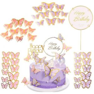 COYUN 63 Pcs Decoration Gateau Anniversaire,Papillon Decoration Gateau,Papillon D&eacute;coration G&acirc;teau de Mariage,Decoration Gateau Anniversaire Fille d&eacute;coration papillon anniversaire(Rose & Violet) (HLWA RETAILS LTD UKSTORE, neuf)