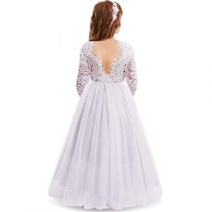 IWEMEK Cils Dos Nu V-Back Dentelle Tulle Maxi Robe Manche Longue Fille Mariage Honneur Robes de Bal Ceremonie Premi&egrave;re Communion Soir&eacute;e Anniversaire F&ecirc;te Robes pour Enfants Blanc 11-12 Ans (IWEMEK, neuf)