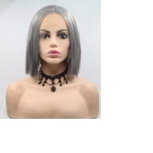 Xiweiya Perruque courte grise grise argentée avec dentelle frontale de 33 x 7,6 cm, perruque avec raie au milieu en fibre résistante à la chaleur pour femme, fille Drag Queen, cheveux courts gris (xiweiya wig, neuf)