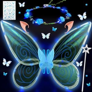 Ailes de F&eacute;e Lumineuses &agrave; Led, Ailes de Papillon Avec Oreilles d'Elfe, Bandeau de F&eacute;e &agrave; Led Et Baguettes de F&eacute;e &Eacute;toile, Ailes de Papillon, Ailes de Princesse, Costume d'Aile pour Carnaval ou Soir&eacute;es (Nadia.Nie, neuf)