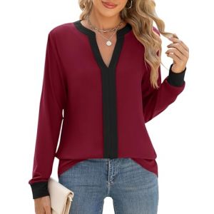 Cuptacc Tee Shirt Manche Longue Femme Col en V Chemisier Femme Tunique Couleur Unie D&eacute;contract&eacute; Top Noir Rouge Vin, Petit S 36 (CuptaccFashion, neuf)