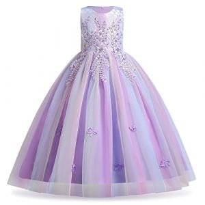 IWEMKE Enfants Filles Robe Mariage Tulle Dentelle Robe Princesse Longue Fleur Brod&eacute;e Soir&eacute;e Demoiselle d'honneur Robe Tutu sans Manches pour Pageant Bapt&ecirc;me F&ecirc;te Carnaval Violet Color&eacute; 7-8 Ans (IWEMEK, neuf)