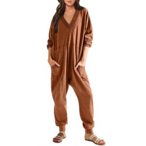 Haibang Combinaison D&eacute;contract&eacute;e &agrave; Manches Longues pour Femme Col en V Romper Loose Fit Lounge Une Pi&egrave;ce Jumpsuit Grande Taille Combinaison Baggy Pyjama Ample (Haibang Store, neuf)