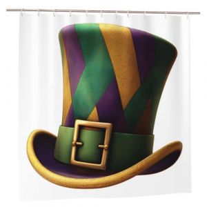 Rideau de douche en polyester imperm&eacute;able et lavable, motif lutin haut-de-forme dor&eacute;, vert et violet, avec 12 crochets, 183 x 183 cm (72 x 72 pouces). (ZhangYangMie, neuf)