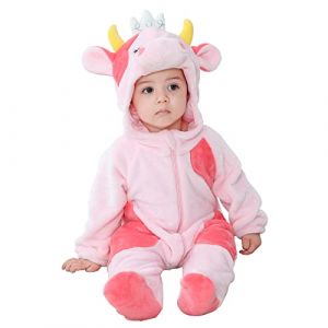Doladola B&eacute;b&eacute; Combinaison Pyjama Barboteuse &Agrave; Capuche pour 0-24 Mois Flanelle Enfant Barboteuse &Agrave; Capuche Mignon Gar&ccedil;on Fille Pyjama(6-12 mois, vache rose) (Doladola-FR, neuf)