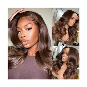 Perruques Lace Front Wig Body Wave marron foncé 13x4, cheveux humains pré-épilés avec des cheveux de bébé, couleur marron chocolat, 150% cheveux brésiliens Remy, perruque frontale en dentelle for fill (bleslin, neuf)