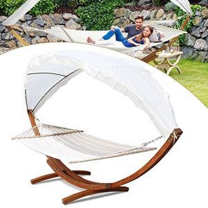 Lospitch Hamac avec armature en bois - Hamac avec toit - Jusqu'à 180 kg - Pour 2 personnes - Pour l'extérieur (KAIWEN-INT, neuf)