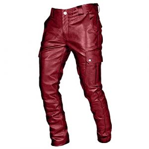 Pantalon en Cuir Homme Punk Slim Fit PU Cuir Biker Pantalon Automne Hiver Décontracté Rétro Gothique Punk Cuir Moto Pantalon Leggings Noir Pantalon Cargo en Cuir pour Hommes, 01 rouge., L (Darringls, neuf)