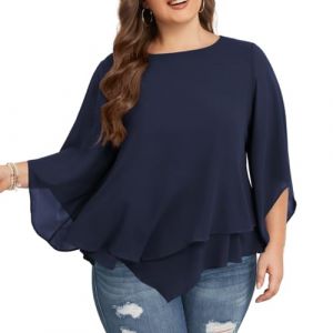Hanna Nikole Chemisier en mousseline de soie &agrave; manches 3/4 pour femme - Double couche - Grande taille - &Eacute;l&eacute;gant - Ample, bleu marine, 50 (leisurelax-eu, neuf)