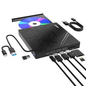 AGPTEK Lecteur CD/DVD Externe 8 en 1 pour Ordinateur Portable, USB 3.0 Ultra Slim Portable CD Burner avec 4 Ports USB et 2 Fentes pour Cartes TF/SD, Compatible avec Mac, PC, Windows 11/10/8/7, Linux (Mambate Global, neuf)